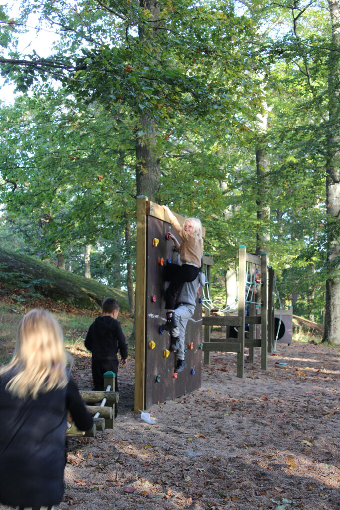 Skolelever som aktiverar sig vid Karlskrona Montessorifriskolas utemiljö med motorikbana i skogen.